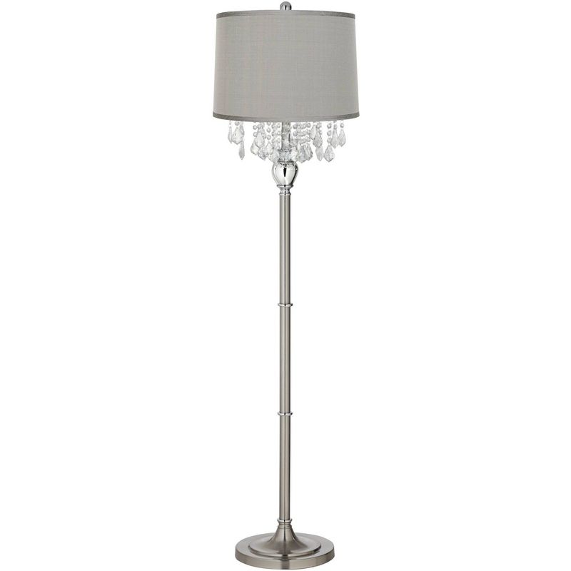 360 Lighting Modern Floor Lamp 62.5" Tall Satin Steel Chrome Crystal Chandelier Platinum Gray Silk Drum Shade for Living Room Reading Bedroom, 1 of 6