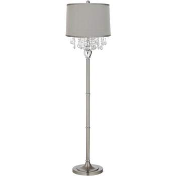 360 Lighting Modern Floor Lamp 62.5" Tall Satin Steel Chrome Crystal Chandelier Platinum Gray Silk Drum Shade for Living Room Reading Bedroom