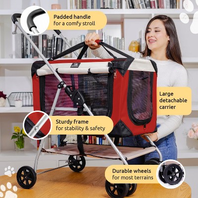Red Foldable Pet Stroller with Detachable Carrier