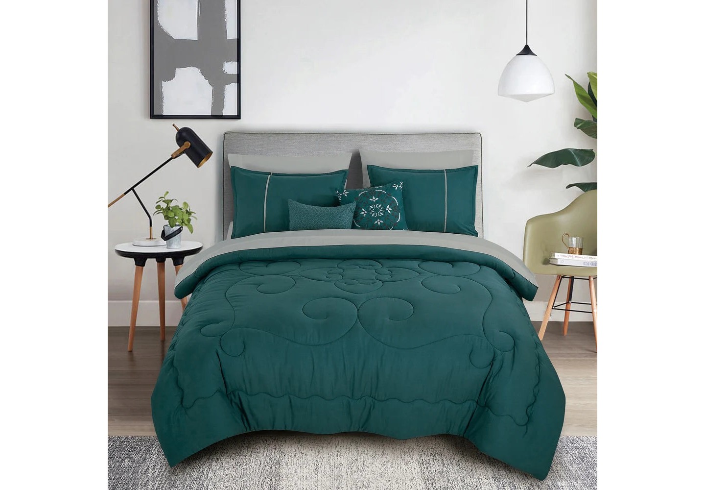Постельное бельё Home Mart Goods Queen Size 9 Piece Bed-in-a-Bag Teal Green Floral Solid Soft Bedding Comforter Set, цвет: Бирюзовый — фото 1