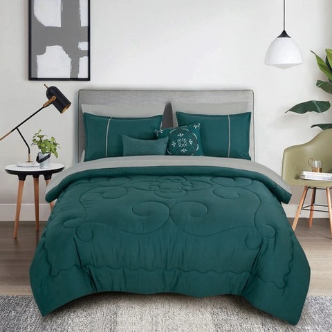 Home Mart Goods Queen Size 9 Piece Bed-in-a-Bag Teal Green Floral Solid Soft Bedding Comforter Set