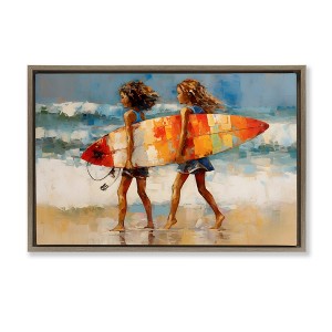 Stupell Industries Surfboard Kids Friends Black Floater Framed Canvas Wall Art - 1 of 4
