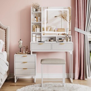 Makeup Vanity Desk with Mirror and Lights, Vanity Table with 5 Drawers, Vanity Set with Stool and Removable Side Storage Cabinet for Bedroom - 1 of 4