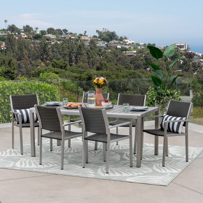 Cape Coral 7pc Aluminum & Wicker Wood Outdoor Patio Dining Set - Silver/Gray - Christopher Knight Home