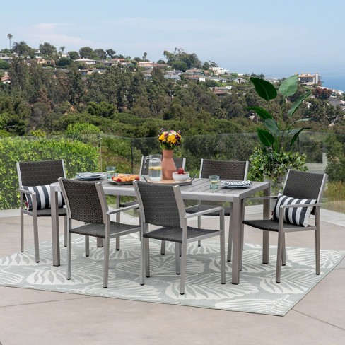 Cape Coral 7pc Aluminum Wicker Wood Outdoor Patio Dining Set Silver Gray Christopher Knight Home Target