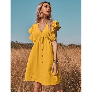 Women's Flutter Sleeve Mini Dress Button Detail Babydoll Sundress Casual Summer Dress - 1 of 4