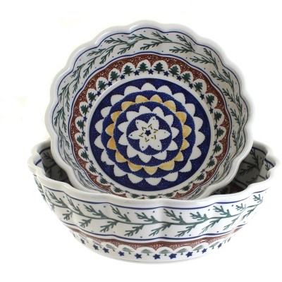 Blue Rose Polish Pottery Evergreen Scallop Serving Bowl Set