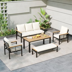 Outdoor 5-Pcs Furniture Set, Conversation Sets with 3-Seat Sofa and Coffee Table, Chairs with Steel Frame and Polyester Cushions-Coolbibila - 1 of 4