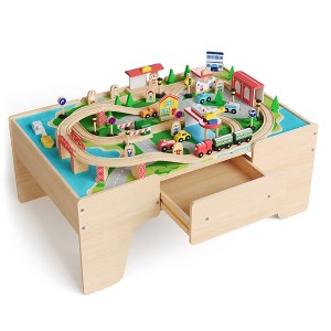 84-Piece Wooden Train Table Set with Tracks & Storage Drawer - Reversible Activity Play Table for Kids & Toddlers - 1 of 4