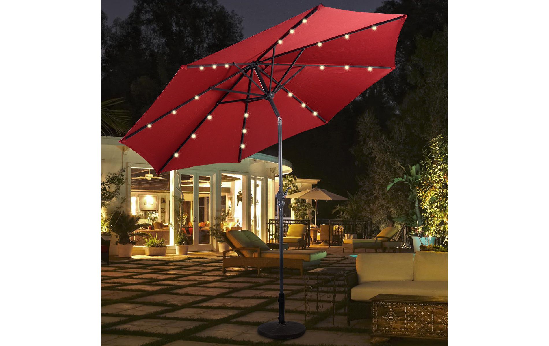 Costway 10ft Patio Solar Umbrella LED Patio Market Steel Tilt W/ Crank (Burgundy)