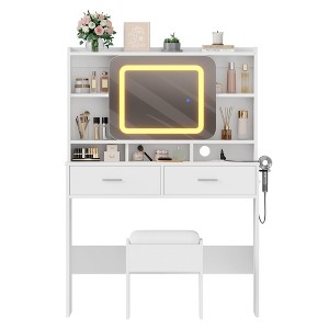 Makeup Vanity with Sliding Mirror, 3 Lighting Modes Adjustable Vanity Desk with Charging Station and Soft Cushioned Stool - 1 of 4