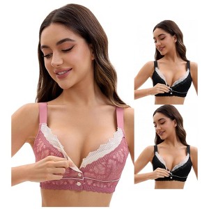 INSPIRE CHIC Front Closure for Women's Lace Full Coverage V Neck Wirefree Adjustable Straps Bras 3 Packs - 1 of 4