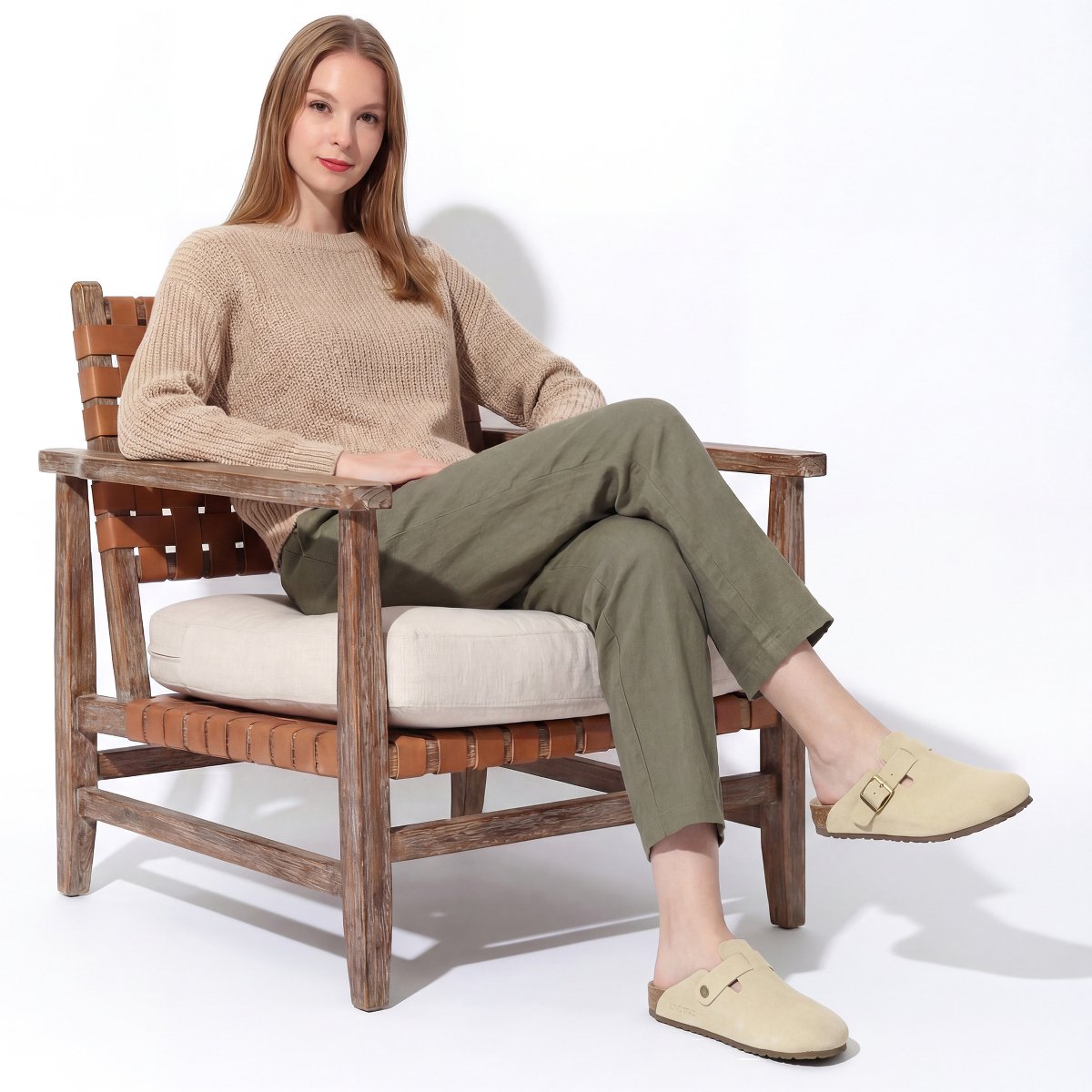 Женские сабо BLISSFUL STEP Women's Round Toe Suede Clogs Cork Platform Mules with Slip on Slippers 8 Beige — фото 4