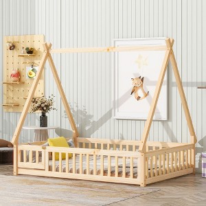 CAVINAS Twin/Full Size Bed Frame with Tent-Shaped Roof & Guardrails,Modern Floor Bed for Kids Room,Bedroom - 1 of 4
