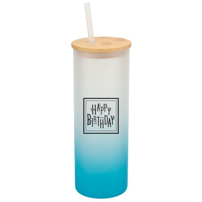 Elanze Designs Happy Birthday Polka Dots Wrap-Around Design 25 Ounce Frosted Gradient Glass On-The-Go Coffee Travel Skinny Tumbler Mug Cup, Bamboo Lid
