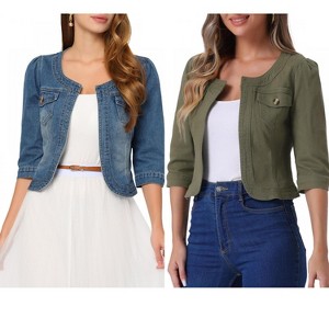 INSPIRE CHIC Women's Collarless Pockets 3/4 Sleeve Crop Denim Jackets 2 Pieces - 1 of 4