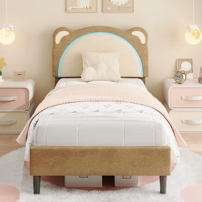 Upholstered Platform Bed Frame with Adjustable LED Headboard, Wooden Slats, No Box Spring Needed