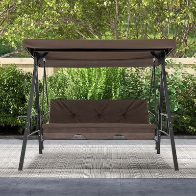 Brown Metal Outdoor 3-Seat Swing with Adjustable Canopy and Cushions