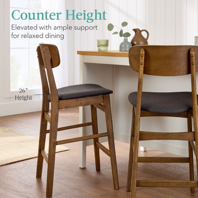 Walnut and Charcoal Upholstered Wood Counter Height Bar Stools, Set of 2