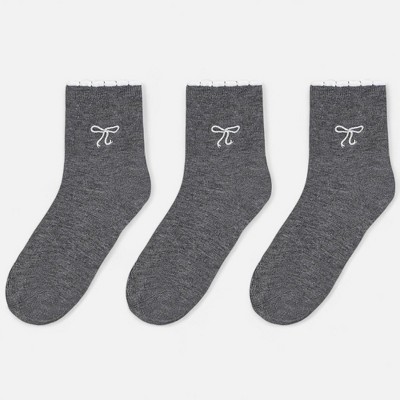 Anna-Kaci Women's Ankle Socks 3-Pack with Scalloped Cuff and Bow Embroidery in Neutral Tones