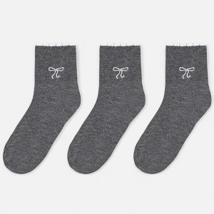 Anna-Kaci Women's Ankle Socks 3-Pack with Scalloped Cuff and Bow Embroidery in Neutral Tones - 1 of 3