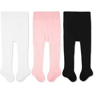 Cozyway Cable Knit Cotton Leggings/Tights for Baby Girls, 3 Pack, White/Pink/Black, 3-6 Months Old - 1 of 4
