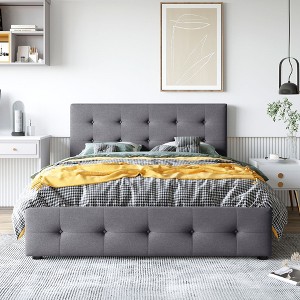 Queen Upholstered Platform Bed with Button Tufted Headboard and 4 Storage Drawers, No Box Spring Needed, Linen Fabric Frame - 1 of 4