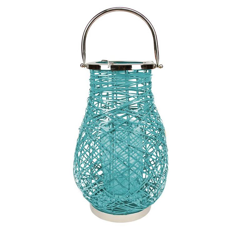 Northlight 16.25" Modern Turquoise Blue Decorative Woven Iron Pillar Candle Lantern with Glass Hurricane, 1 of 2