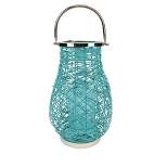 Northlight 16.25" Modern Turquoise Blue Decorative Woven Iron Pillar Candle Lantern with Glass Hurricane