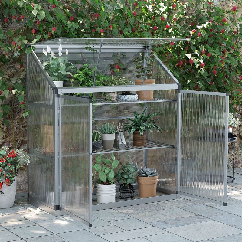 Outsunny Outdoor Garden Greenhouse, Cold Frame Polycarbonate Panel Planthouse with Openable Roof, 3 Shelves, Double Door, 51.5" L x 22.75" x 55", 3 of 7