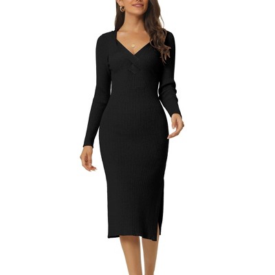 Seta T Women's Fall Winter Long Sleeve V Neck Ribbed Knit Side Slit Twist  Front Midi Sweater Dress Black Small