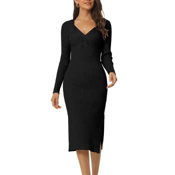 ANRABESS Women's 2023 Fall Long Sleeve Sweater Dress Square Neck Side Slit  Bodycon Ribbed Knit Slim Fit Midi Dress : : Clothing, Shoes 