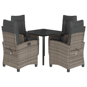 vidaXL 5 Piece Patio Dining Set with Cushions Gray Poly Rattan - 31.5" Table Length Without Footrest 4 Items - 1 of 4