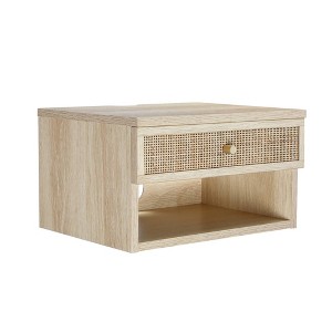 Nathan James Jackson Floating Side Table Rattan and Wood Light Oak: Bedside Shelf, Laminate Surface - 1 of 4