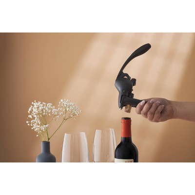 Black Stainless Steel Lever Corkscrew with Built-In Foil Cutter