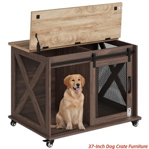 Dog Crate Furniture w/ Sliding Barn Door,37''Dog Cage Furniture,Wooden Dog Kennel End Table w/ Detachable Divider Indoor Puppy Kennel - 1 of 4