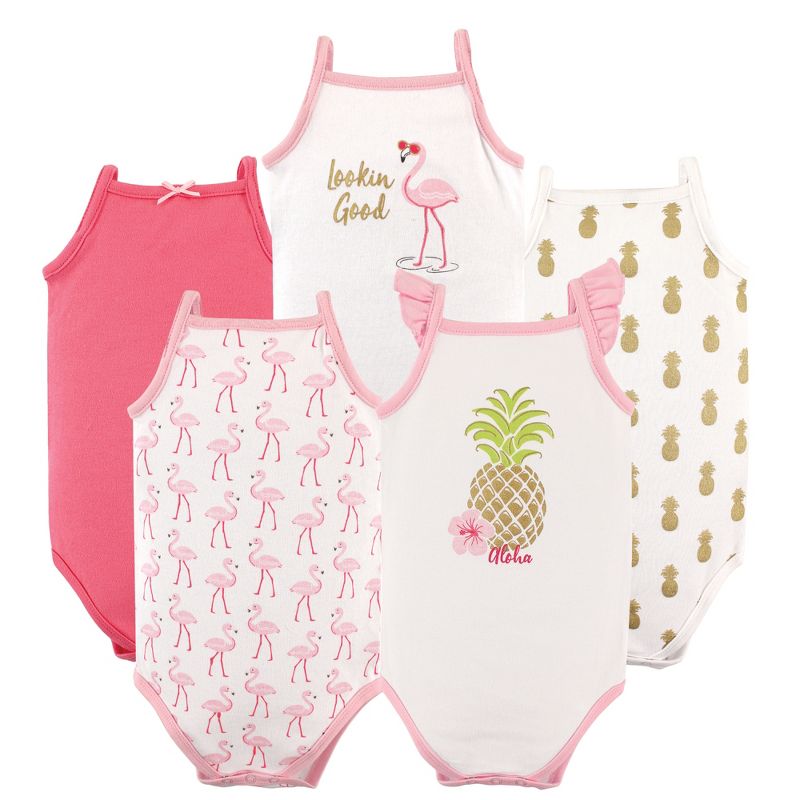 Hudson Baby Infant Girl Cotton Sleeveless Bodysuits 5pk, Pineapple, 1 of 8