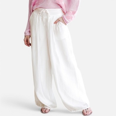 Amaryllis Women’s Wide Leg Lightweight Crinkle Pants with High Waistband Drawstring Tie Flowy Relaxed Fit
