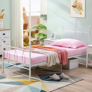 FurnitureR Twin Size Metal Bed Frame with Headboard and Footboard, Steel Slats Support, Noise-Free, Underbed Storage, White - 1 of 4