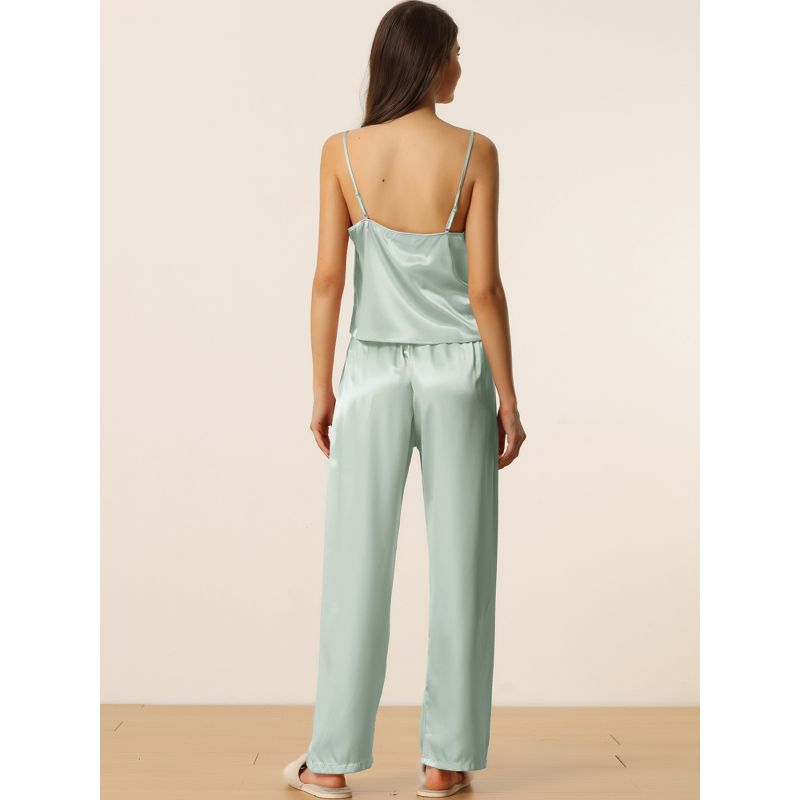 cheibear Womens Satin Lounge Lace Trim Cami Tops with Pants Sleepwear Pajamas Sets, 3 of 6