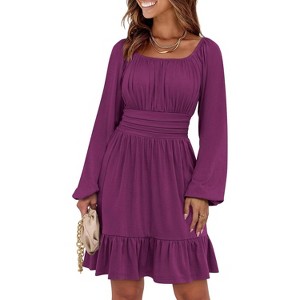 Long Lantern Sleeve Swing Dress with Square Neck & Ruffle Hem, Elastic Waist A-Line Short Dress for Women, Fall Fashion Deep Purple - 1 of 4