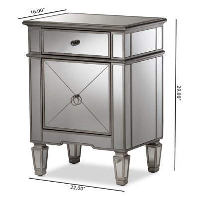 Claudia Silver Mirrored 1-Drawer Nightstand with Crosshatch Detail