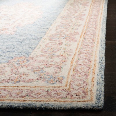Handmade Blue and Pink Floral Wool Square Area Rug