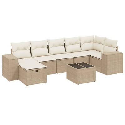 vidaXL 8 Piece Patio Sofa Set with Cushions Beige and Cream Poly Rattan - With Table