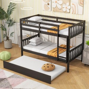 Kumasinova Minimalist Twin-Over-Twin Rubber Wood Bunk Bed with Pull-Out Trundle–Convertible to 2  Beds,Twin Size Bed Frame with Ladder & Guardrails - 1 of 4