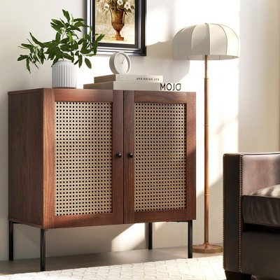Walnut Rattan Buffet Sideboard Cabinet with Adjustable Shelf