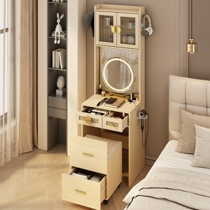 KTMBDW Vanity Desk with Mirror and LED Lights, Makeup Table with Charging Station and drawers and Storage Shelves for Small Space, Bedroom - 1 of 4
