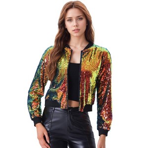 INSPIRE CHIC Women's Party Sequin Sparkle Long Sleeve Cropped Length Zipper Bomber Jacket - 1 of 4