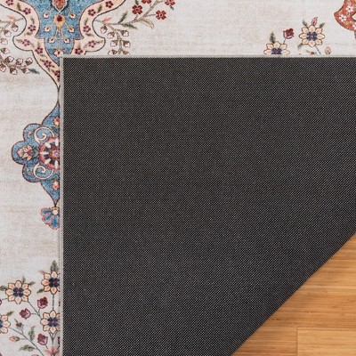 Ivory and Blue Rectangular Non-Slip Synthetic Area Rug, 5' x 7'