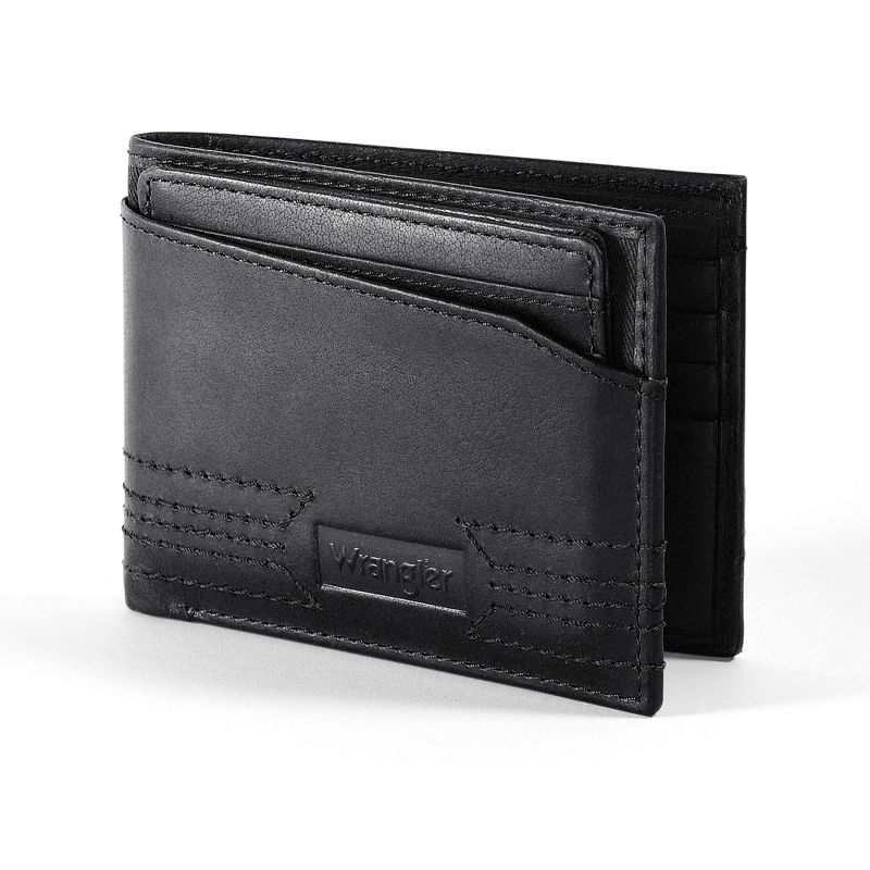 Wrangler Removable Passcase Wallet for Men, Bifold Tumbled Leather Wallet with RFID Blocking (Black)